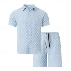 Men's 2 Piece Shirt Set Summer Set Matching Sets Casual Shirt Button Up Shirt Black White Light Green Blue Green Short Sleeve Plain Collar Vacation Daily Clothing Apparel Fashion Casual Comfortable