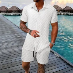 Men's 2 Piece Shirt Set Summer Set Matching Sets Casual Shirt Button Up Shirt Black White Light Green Blue Green Short Sleeve Plain Collar Vacation Daily Clothing Apparel Fashion Casual Comfortable