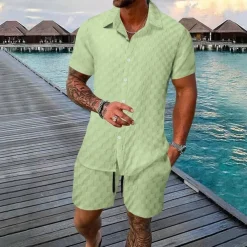 Men's 2 Piece Shirt Set Summer Set Matching Sets Casual Shirt Button Up Shirt Black White Light Green Blue Green Short Sleeve Plain Collar Vacation Daily Clothing Apparel Fashion Casual Comfortable