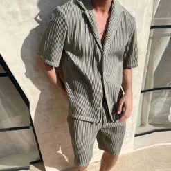 Men's 2 Piece Shirt Set Summer Set Matching Sets Casual Shirt Corduroy Shirt khaki Gray Short Sleeve Plain Collar Vacation Daily Clothing Apparel Fashion Casual Comfortable