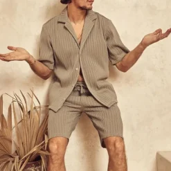 Men's 2 Piece Shirt Set Summer Set Matching Sets Casual Shirt Corduroy Shirt khaki Gray Short Sleeve Plain Collar Vacation Daily Clothing Apparel Fashion Casual Comfortable