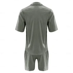 Men's 2 Piece Shirt Set Summer Set Matching Sets Casual Shirt Corduroy Shirt khaki Gray Short Sleeve Plain Collar Vacation Daily Clothing Apparel Fashion Casual Comfortable