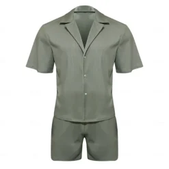 Men's 2 Piece Shirt Set Summer Set Matching Sets Casual Shirt Corduroy Shirt khaki Gray Short Sleeve Plain Collar Vacation Daily Clothing Apparel Fashion Casual Comfortable
