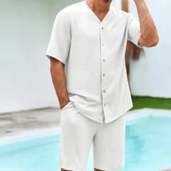 Men's 2 Piece Shirt Set Summer Set Matching Sets Casual Shirt Button Up Shirt Black White Blue Green Short Sleeve Plain Collar Vacation Daily Clothing Apparel Fashion Casual Comfortable