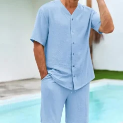 Men's 2 Piece Shirt Set Summer Set Matching Sets Casual Shirt Button Up Shirt Black White Blue Green Short Sleeve Plain Collar Vacation Daily Clothing Apparel Fashion Casual Comfortable