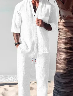 Men's 2 Piece Shirt Set Summer Set Matching Sets Casual Shirt Black White Gray Light Blue Short Sleeve Plain Standing Collar Vacation Daily Front Pocket Clothing Apparel Cotton Cotton Blend Fashion