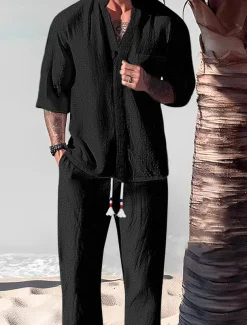 Men's 2 Piece Shirt Set Summer Set Matching Sets Casual Shirt Black White Gray Light Blue Short Sleeve Plain Standing Collar Vacation Daily Front Pocket Clothing Apparel Cotton Cotton Blend Fashion