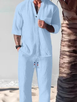 Men's 2 Piece Shirt Set Summer Set Matching Sets Casual Shirt Black White Gray Light Blue Short Sleeve Plain Standing Collar Vacation Daily Front Pocket Clothing Apparel Cotton Cotton Blend Fashion