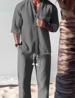 Men's 2 Piece Shirt Set Summer Set Matching Sets Casual Shirt Black White Gray Light Blue Short Sleeve Plain Standing Collar Vacation Daily Front Pocket Clothing Apparel Cotton Cotton Blend Fashion