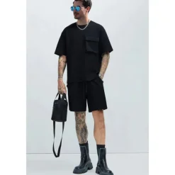 Men's 2 Piece T-shirt Suits Shorts and T Shirt Set Short Sleeve Short Sleeves Crew Neck Summer Solid Color Gymnatics Casual Pocket 2 Piece Vacation Daily Wear Activewear Black White Brown Top Tee for