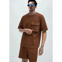 Men's 2 Piece T-shirt Suits Shorts and T Shirt Set Short Sleeve Short Sleeves Crew Neck Summer Solid Color Gymnatics Casual Pocket 2 Piece Vacation Daily Wear Activewear Black White Brown Top Tee for