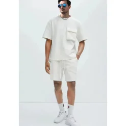 Men's 2 Piece T-shirt Suits Shorts and T Shirt Set Short Sleeve Short Sleeves Crew Neck Summer Solid Color Gymnatics Casual Pocket 2 Piece Vacation Daily Wear Activewear Black White Brown Top Tee for