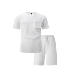 Men's 2 Piece T-shirt Suits Shorts and T Shirt Set Short Sleeve Short Sleeves Crew Neck Summer Solid Color Gymnatics Casual Pocket 2 Piece Vacation Daily Wear Activewear Black White Brown Top Tee for