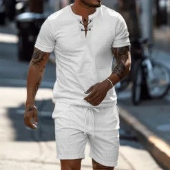 Men's 2 Piece Waffle Henley Shirt T-shirt Suits Tracksuit Short Sleeve Short Sleeves Short Pant Henley Summer Solid Color Drawing Gymnatics Casual 2 Piece Vacation Daily Wear Activewear Black White