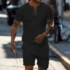 Men's 2 Piece Waffle Henley Shirt T-shirt Suits Tracksuit Short Sleeve Short Sleeves Short Pant Henley Summer Solid Color Drawing Gymnatics Casual 2 Piece Vacation Daily Wear Activewear Black White