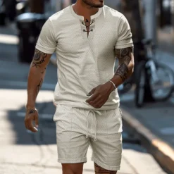 Men's 2 Piece Waffle Henley Shirt T-shirt Suits Tracksuit Short Sleeve Short Sleeves Short Pant Henley Summer Solid Color Drawing Gymnatics Casual 2 Piece Vacation Daily Wear Activewear Black White