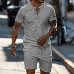 Men's 2 Piece Waffle Henley Shirt T-shirt Suits Tracksuit Short Sleeve Short Sleeves Short Pant Henley Summer Solid Color Drawing Gymnatics Casual 2 Piece Vacation Daily Wear Activewear Black White