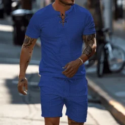 Men's 2 Piece Waffle Henley Shirt T-shirt Suits Tracksuit Short Sleeve Short Sleeves Short Pant Henley Summer Solid Color Drawing Gymnatics Casual 2 Piece Vacation Daily Wear Activewear Black White