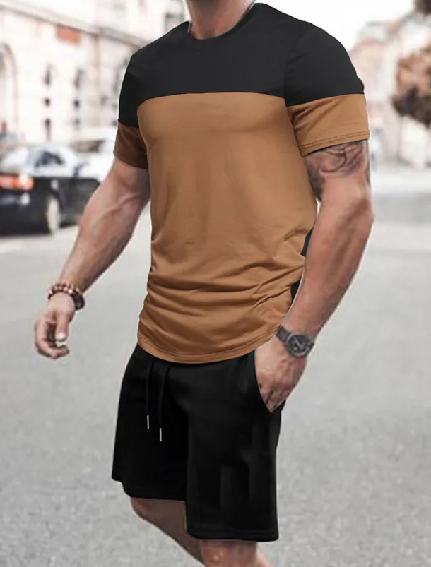 Men's 2 Pieces Outfits T-Shirt and Drawstring Shorts Set Short Sleeve Crewneck Summer Color Block Fashion Sport Casual 2 Piece Vacation Casual Daily Wear Red Blue khaki Top Tee for Men