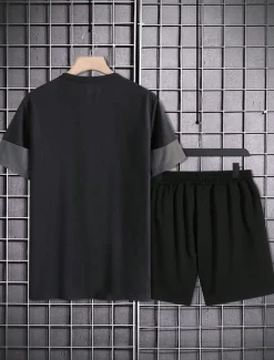 Men's 2 Pieces Outfits T-Shirt and Drawstring Shorts Set Short Sleeve Crewneck Summer Color Block Fashion Sport Casual 2 Piece Vacation Casual Daily Wear Red Blue khaki Top Tee for Men