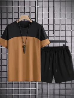 Men's 2 Pieces Outfits T-Shirt and Drawstring Shorts Set Short Sleeve Crewneck Summer Color Block Fashion Sport Casual 2 Piece Vacation Casual Daily Wear Red Blue khaki Top Tee for Men