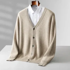 Men's 100% Wool Cardigan Sweater Knit Button Up Solid Color V Neck Knitwear Elegant School Training Clothing Apparel Bishop Sleeve Fall Winter Black khaki S M L XL