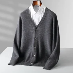 Men's 100% Wool Cardigan Sweater Knit Button Up Solid Color V Neck Knitwear Elegant School Training Clothing Apparel Bishop Sleeve Fall Winter Black khaki S M L XL