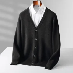 Men's 100% Wool Cardigan Sweater Knit Button Up Solid Color V Neck Knitwear Elegant School Training Clothing Apparel Bishop Sleeve Fall Winter Black khaki S M L XL