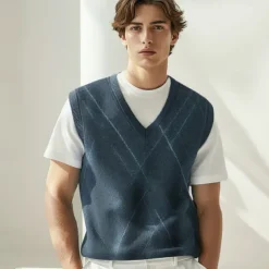 Men's 100% Wool Sweater Vest Knit V Neck Stripe Reactive Print V Neck Knitwear Elegant School Performance Clothing Apparel Spring Fall Black Royal Blue S M L
