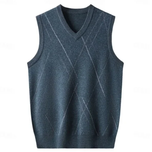 Men's 100% Wool Sweater Vest Knit V Neck Stripe Reactive Print V Neck Knitwear Elegant School Performance Clothing Apparel Spring Fall Black Royal Blue S M L