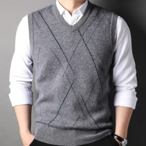 Men's 100% Wool Sweater Vest Knit V Neck Stripe Reactive Print V Neck Knitwear Elegant School Performance Clothing Apparel Spring Fall Black Royal Blue S M L