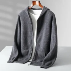 Men's 100% Wool Zip Sweater Solid Color Hooded Knitwear Elegant School Training Clothing Apparel Fall Winter Black White S M L XL