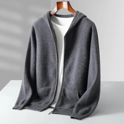 Men's 100% Wool Zip Sweater Solid Color Hooded Knitwear Elegant School Training Clothing Apparel Fall Winter Black White S M L XL