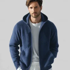 Men's 100% Wool Zip Sweater Solid Color Hooded Knitwear Elegant School Training Clothing Apparel Fall Winter Black White S M L XL