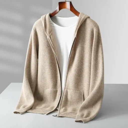 Men's 100% Wool Zip Sweater Solid Color Hooded Knitwear Elegant School Training Clothing Apparel Fall Winter Black White S M L XL