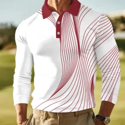 Men's Abstract Line Polo Long Sleeve Polo Shirts Lapel Business Casual Outdoor Athleisure Daily Wear 3D Print Buttons Spring Fall Winter Black Red Blue