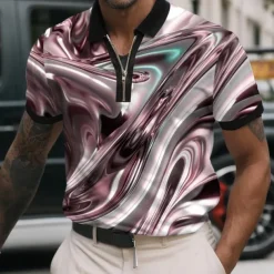 Men's Abstract Metallic Zip Polo Shirts Short Sleeve Polo Shirts Collared Shirts Casual Athleisure Daily Wear 3D Print Summer Pink Blue Green