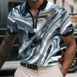Men's Abstract Metallic Zip Polo Shirts Short Sleeve Polo Shirts Collared Shirts Casual Athleisure Daily Wear 3D Print Summer Pink Blue Green