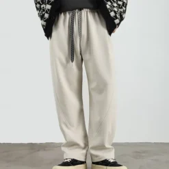 Men's Active Pants Wide Leg Sweatpants Elastic Waist Woven Solid Color Geometric Full Length Outdoor Casual Daily Sports Fashion Navy Blue Beige Micro-elastic