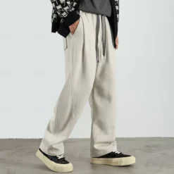 Men's Active Pants Wide Leg Sweatpants Elastic Waist Woven Solid Color Geometric Full Length Outdoor Casual Daily Sports Fashion Navy Blue Beige Micro-elastic