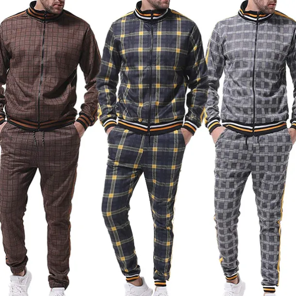 men's activewear sets - winter long sleeve classic plaid tracksuit - full-zip sweatshirt jacket with pants for mens - stylish sportswear for men gym - xmas gifts for men