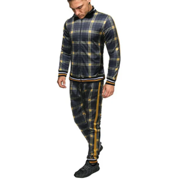 men's activewear sets - winter long sleeve classic plaid tracksuit - full-zip sweatshirt jacket with pants for mens - stylish sportswear for men gym - xmas gifts for men