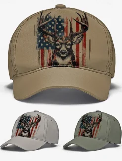 Men's Adjustable Baseball Cap with Patriotic Deer Print and American Flag Design - Outdoor Sports and Casual Wear Hat