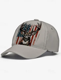 Men's Adjustable Baseball Cap with Patriotic Deer Print and American Flag Design - Outdoor Sports and Casual Wear Hat