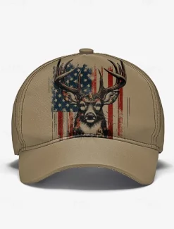 Men's Adjustable Baseball Cap with Patriotic Deer Print and American Flag Design - Outdoor Sports and Casual Wear Hat