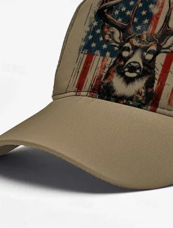 Men's Adjustable Baseball Cap with Patriotic Deer Print and American Flag Design - Outdoor Sports and Casual Wear Hat
