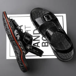Men's Adjustable Buckle Strap Sandals – Stylish Crocodile-Pattern Design, Cushioned Sole, Durable Outdoor Summer Footwear for Casual and Travel Use