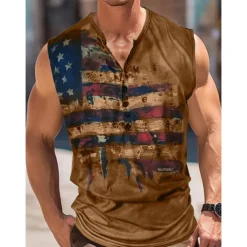 Men's American Flag Tank Top Henley Shirt Sleeveless Vintage Fashion Designer Outdoor Casual Daily Summer Spring & Fall Green Brown Gray Henley Henley T-Shirt