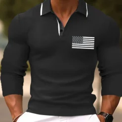 Men's American Flag Veterans Golf Shirt Long Sleeve Polo Shirts Collared Shirts Casual Vacation Wear Party Outfits Buttons 3D Print Fall & Winter Black Pink Green