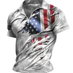 Men's American Flag Veterans Zip Polo Shirts Golf Shirt Short Sleeve Polo Shirts Collared Shirts Casual Streetwear Vacation Wear Party Outfits 3D Print Quarter Zip Polo Black-White Black Red